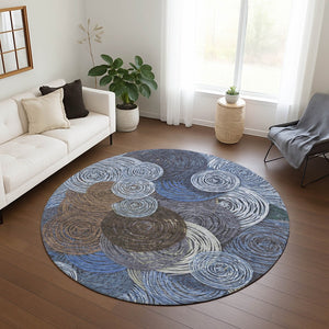HomeRoots 8' Stylish Blue, Brown & Ivory Geometric Washable Round Area Rug for Indoor & Outdoor Spaces 641280