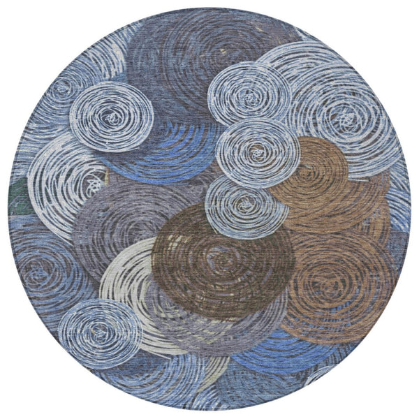 HomeRoots 8' Stylish Blue, Brown & Ivory Geometric Washable Round Area Rug for Indoor & Outdoor Spaces 641280