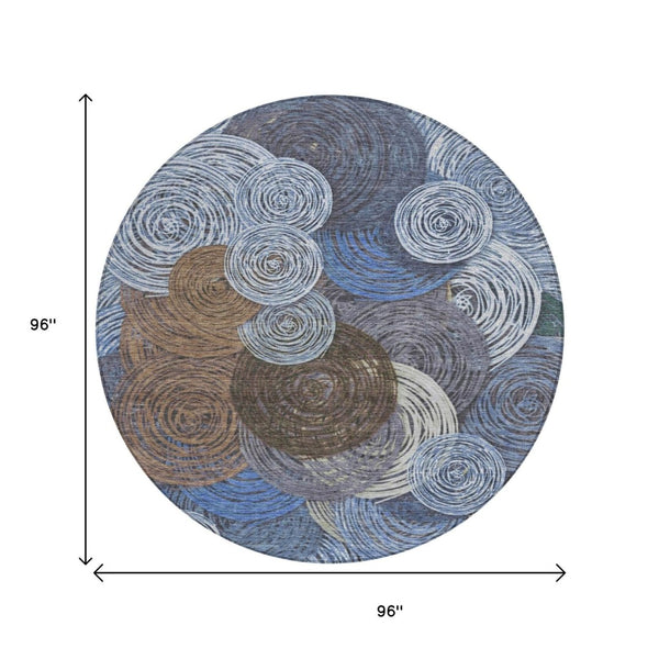 HomeRoots 8' Stylish Blue, Brown & Ivory Geometric Washable Round Area Rug for Indoor & Outdoor Spaces 641280