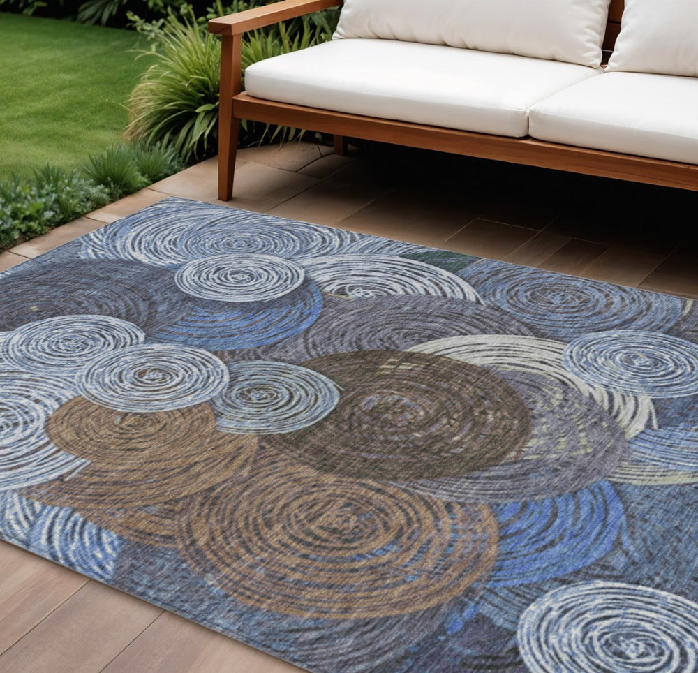 HomeRoots 10' Geometric Washable Area Rug in Blue, Brown & Ivory – Durable Indoor/Outdoor Style Perfect for Any Space 641283