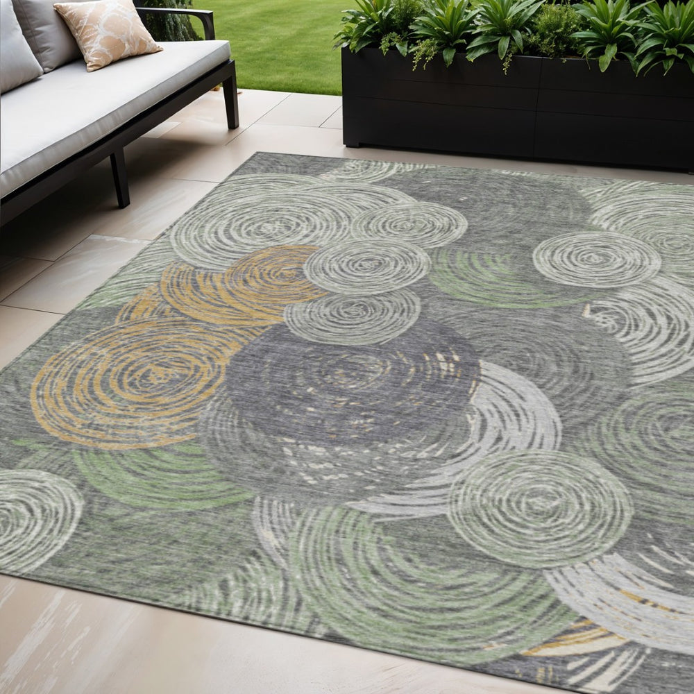 HomeRoots 5' Geometric Washable Area Rug in Green, Gold & Gray - Durable for Indoor & Outdoor Spaces, Stylish! 641285