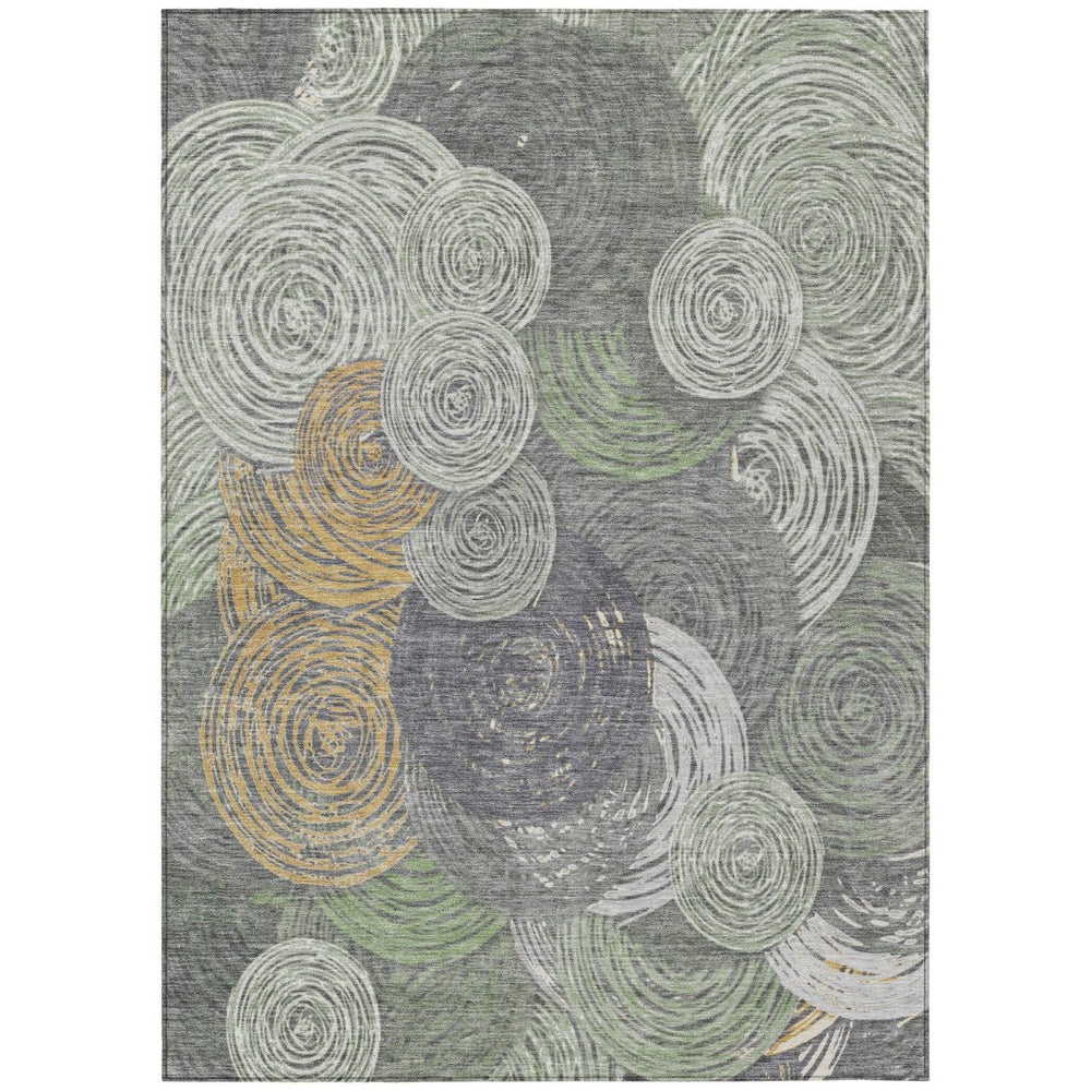 HomeRoots 5' Geometric Washable Area Rug in Green, Gold & Gray - Durable for Indoor & Outdoor Spaces, Stylish! 641285