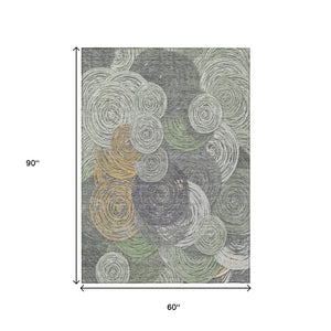 HomeRoots 5' Geometric Washable Area Rug in Green, Gold & Gray - Durable for Indoor & Outdoor Spaces, Stylish! 641285