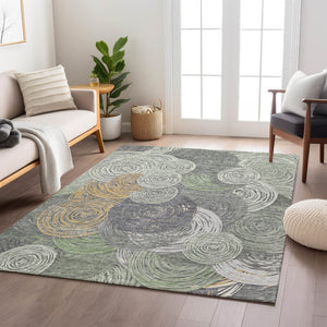 HomeRoots 5' Geometric Washable Area Rug in Green, Gold & Gray - Durable for Indoor & Outdoor Spaces, Stylish! 641285