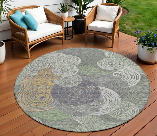 HomeRoots 8' Round Geometric Area Rug in Green, Gold & Gray - Washable, Durable & Stylish for Indoor/Outdoor Use 641286