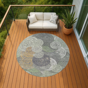 HomeRoots 8' Round Geometric Area Rug in Green, Gold & Gray - Washable, Durable & Stylish for Indoor/Outdoor Use 641286