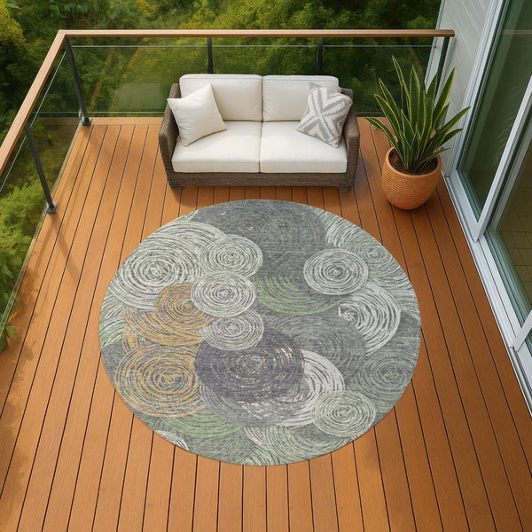 HomeRoots 8' Round Geometric Area Rug in Green, Gold & Gray - Washable, Durable & Stylish for Indoor/Outdoor Use 641286