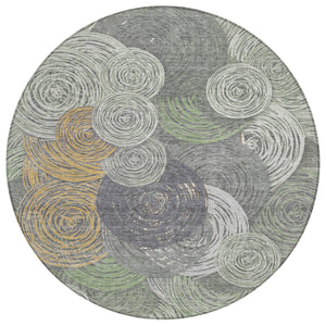 HomeRoots 8' Round Geometric Area Rug in Green, Gold & Gray - Washable, Durable & Stylish for Indoor/Outdoor Use 641286