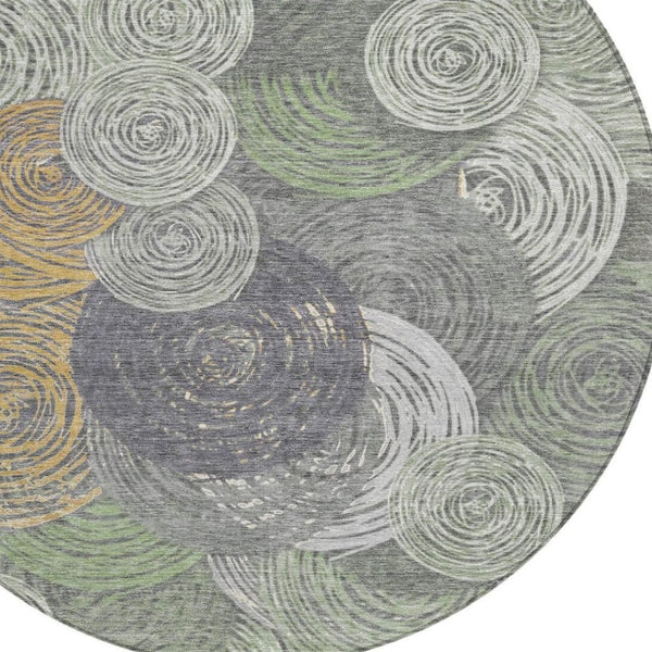HomeRoots 8' Round Geometric Area Rug in Green, Gold & Gray - Washable, Durable & Stylish for Indoor/Outdoor Use 641286