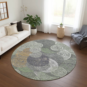 HomeRoots 8' Round Geometric Area Rug in Green, Gold & Gray - Washable, Durable & Stylish for Indoor/Outdoor Use 641286