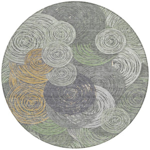 HomeRoots 8' Round Geometric Area Rug in Green, Gold & Gray - Washable, Durable & Stylish for Indoor/Outdoor Use 641286