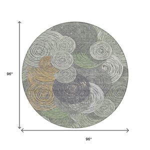 HomeRoots 8' Round Geometric Area Rug in Green, Gold & Gray - Washable, Durable & Stylish for Indoor/Outdoor Use 641286