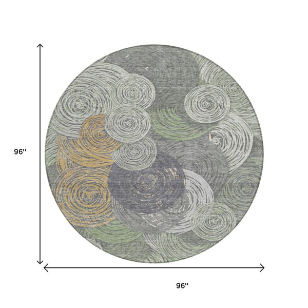HomeRoots 8' Round Geometric Area Rug in Green, Gold & Gray - Washable, Durable & Stylish for Indoor/Outdoor Use 641286