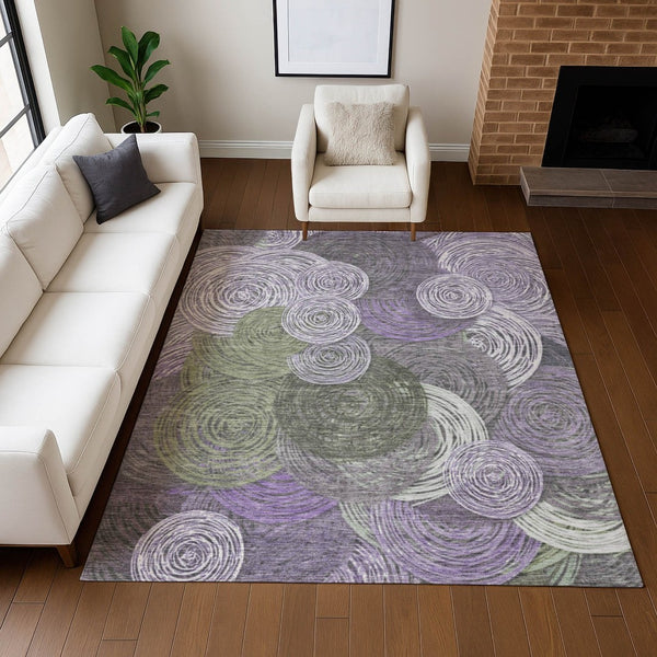HomeRoots 5' Geometric Washable Area Rug in Purple, Green & Gray – Perfect for Indoor & Outdoor Spaces! 641291