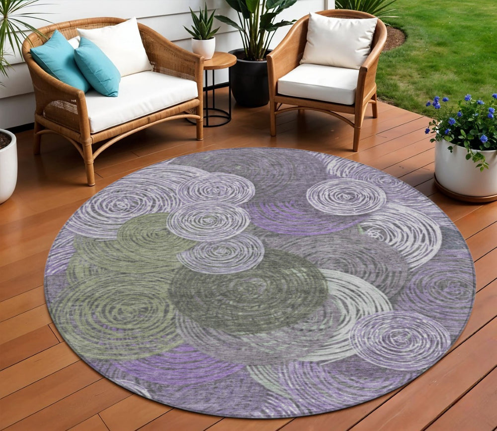 HomeRoots 8' Vibrant Round Geometric Area Rug in Purple, Green & Gray – Stylish, Washable for Indoor/Outdoor Use 641292