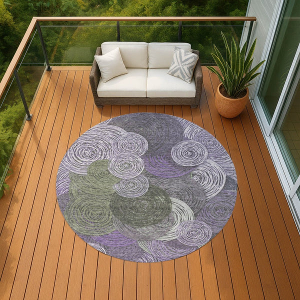 HomeRoots 8' Vibrant Round Geometric Area Rug in Purple, Green & Gray – Stylish, Washable for Indoor/Outdoor Use 641292