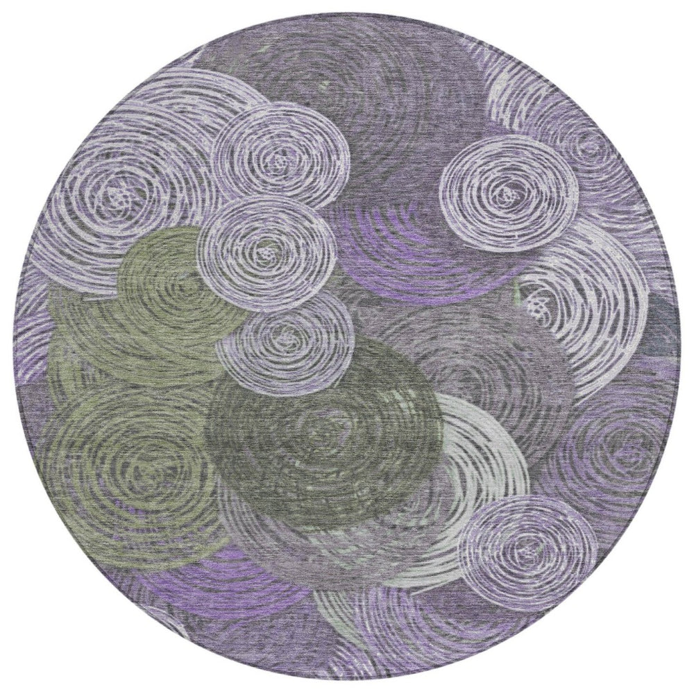 HomeRoots 8' Vibrant Round Geometric Area Rug in Purple, Green & Gray – Stylish, Washable for Indoor/Outdoor Use 641292