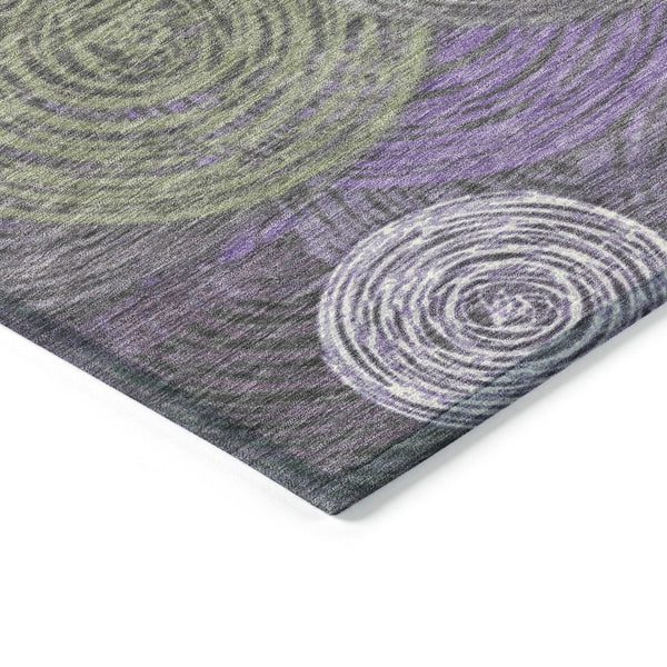 HomeRoots 8' Vibrant Round Geometric Area Rug in Purple, Green & Gray – Stylish, Washable for Indoor/Outdoor Use 641292