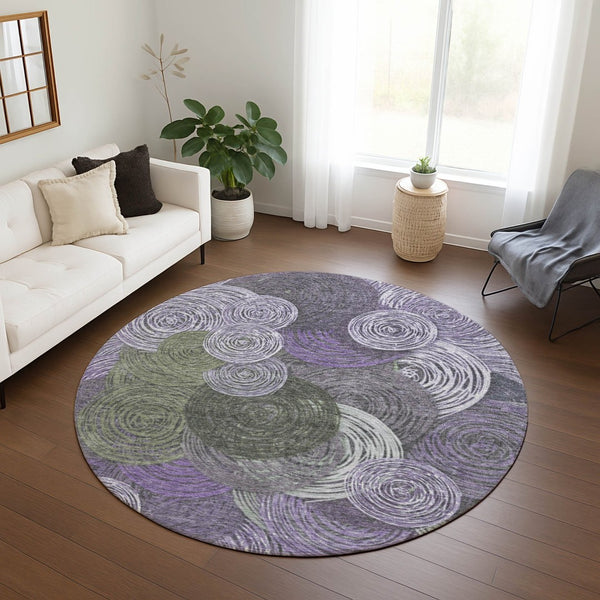 HomeRoots 8' Vibrant Round Geometric Area Rug in Purple, Green & Gray – Stylish, Washable for Indoor/Outdoor Use 641292