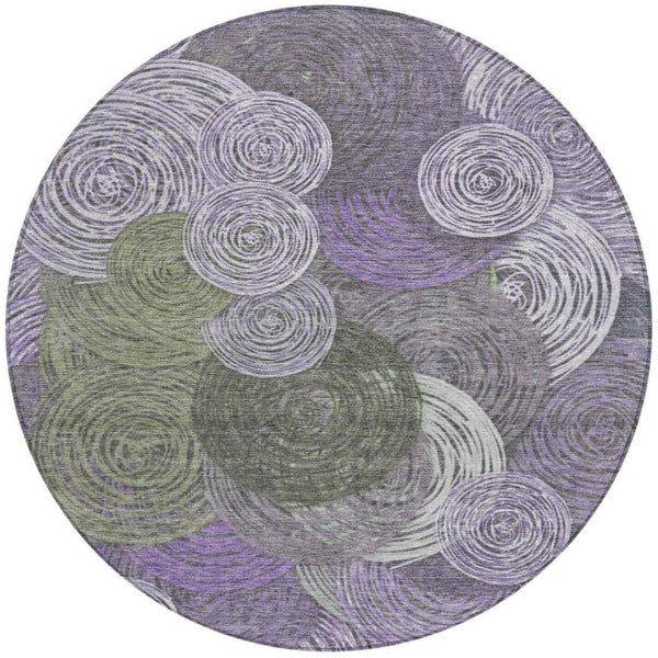 HomeRoots 8' Vibrant Round Geometric Area Rug in Purple, Green & Gray – Stylish, Washable for Indoor/Outdoor Use 641292