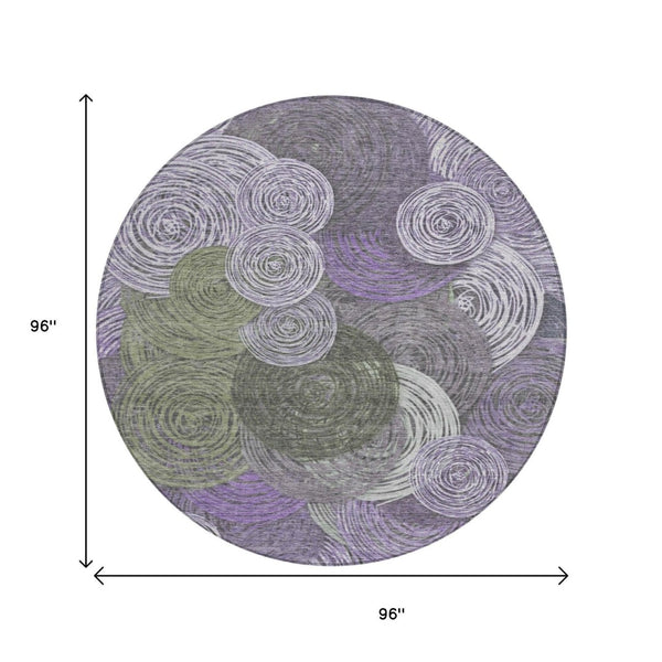 HomeRoots 8' Vibrant Round Geometric Area Rug in Purple, Green & Gray – Stylish, Washable for Indoor/Outdoor Use 641292