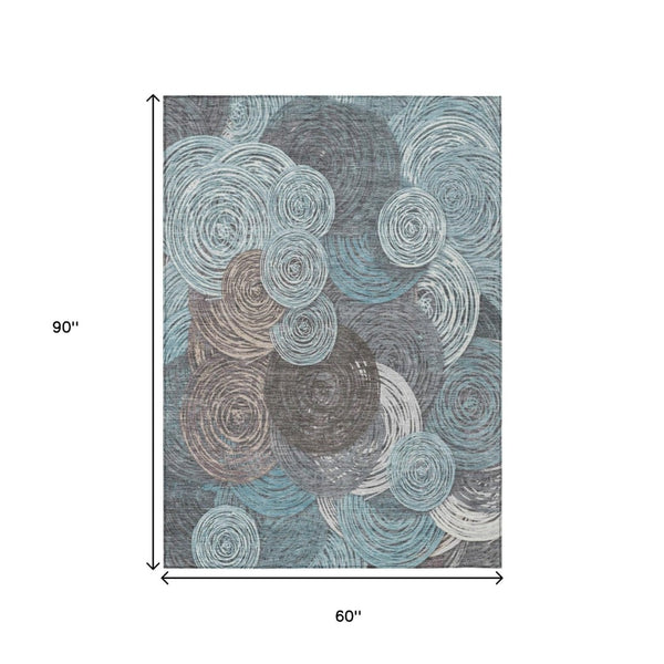 HomeRoots 5' Indoor Outdoor Teal Blue Geometric Rug – Washable, Durable, Stylish Area Rug for High-Traffic Spaces 641297