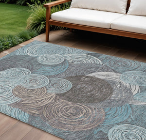 HomeRoots 8' X 10' Teal Blue Ivory Taupe Geometric Area Rug - Stylish, Durable, Washable for Indoor & Outdoor Use 641299