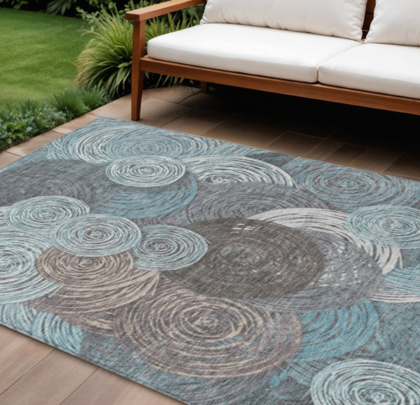 HomeRoots 8' X 10' Teal Blue Ivory Taupe Geometric Area Rug - Stylish, Durable, Washable for Indoor & Outdoor Use 641299