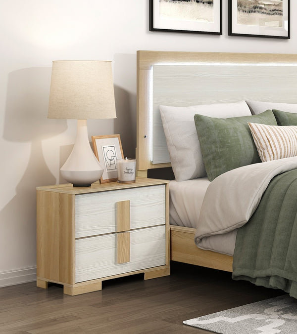 English Elm Contemporary Modern Wooden Nightstand with Two Drawers and Plank Pattern Top for Bedroom Storage Natural,White 26.5 L x 17.5 W x 24 H B011P317207