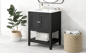 English Elm 24" Modern Sleek Bathroom Vanity with Ceramic Sink, Solid Wood Frame, Waterproof Finish and Open Shelf Storage Black N725P246473B
