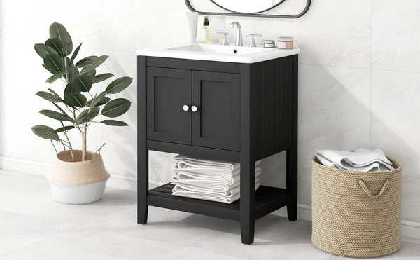 English Elm 24" Modern Sleek Bathroom Vanity with Ceramic Sink, Solid Wood Frame, Waterproof Finish and Open Shelf Storage Black N725P246473B