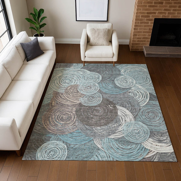 HomeRoots 9' Teal Blue, Ivory & Taupe Geometric Area Rug - Washable, Durable, Indoor/Outdoor Use, Modern Style 641300