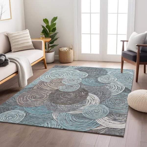 HomeRoots 9' Teal Blue, Ivory & Taupe Geometric Area Rug - Washable, Durable, Indoor/Outdoor Use, Modern Style 641300