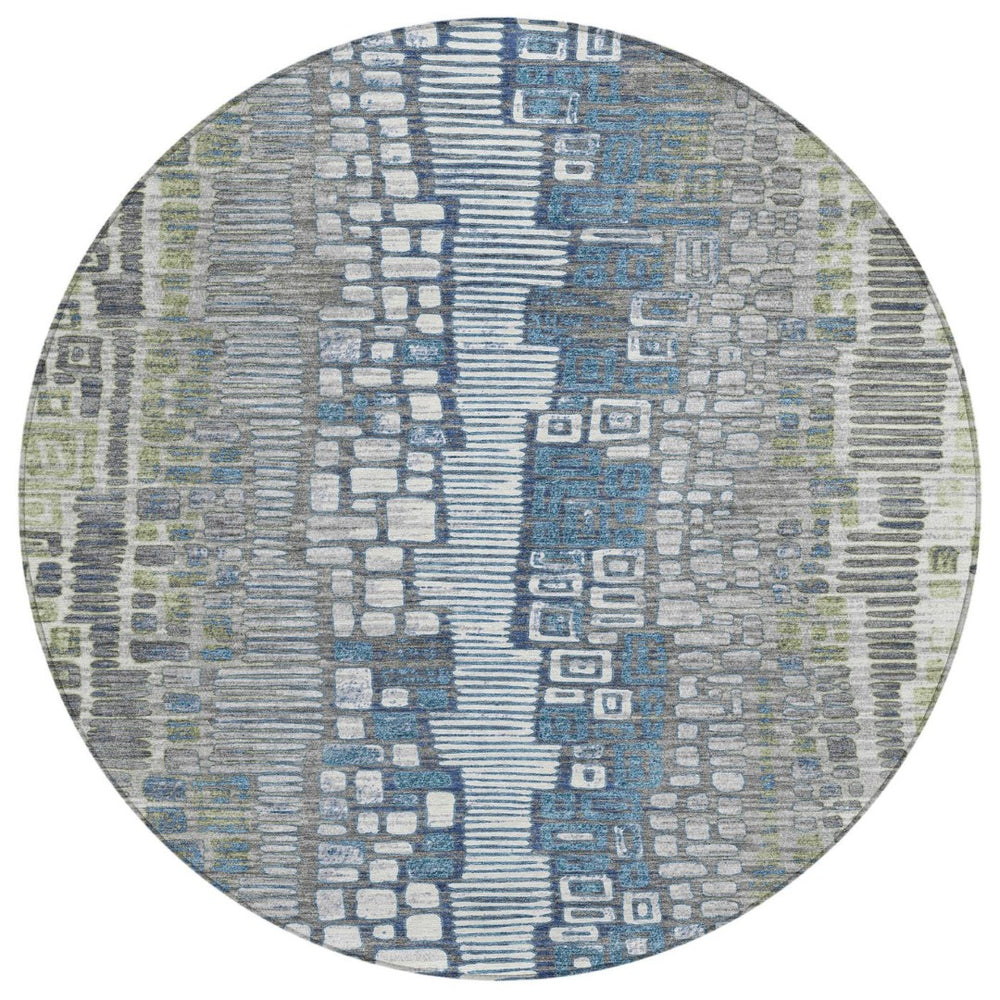 HomeRoots 8' Round Geometric Area Rug in Artichoke Green, Ivory & Blue - Washable for Indoor/Outdoor Use 641304