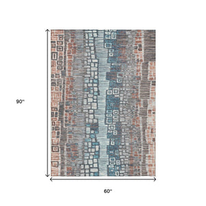 HomeRoots 5' Geometric Washable Indoor-Outdoor Area Rug in Copper, Ivory & Blue - Durable & Stylish Décor! 641309