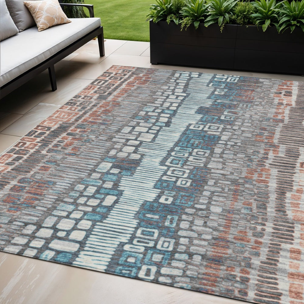 HomeRoots 5' Geometric Washable Indoor-Outdoor Area Rug in Copper, Ivory & Blue - Durable & Stylish Décor! 641309