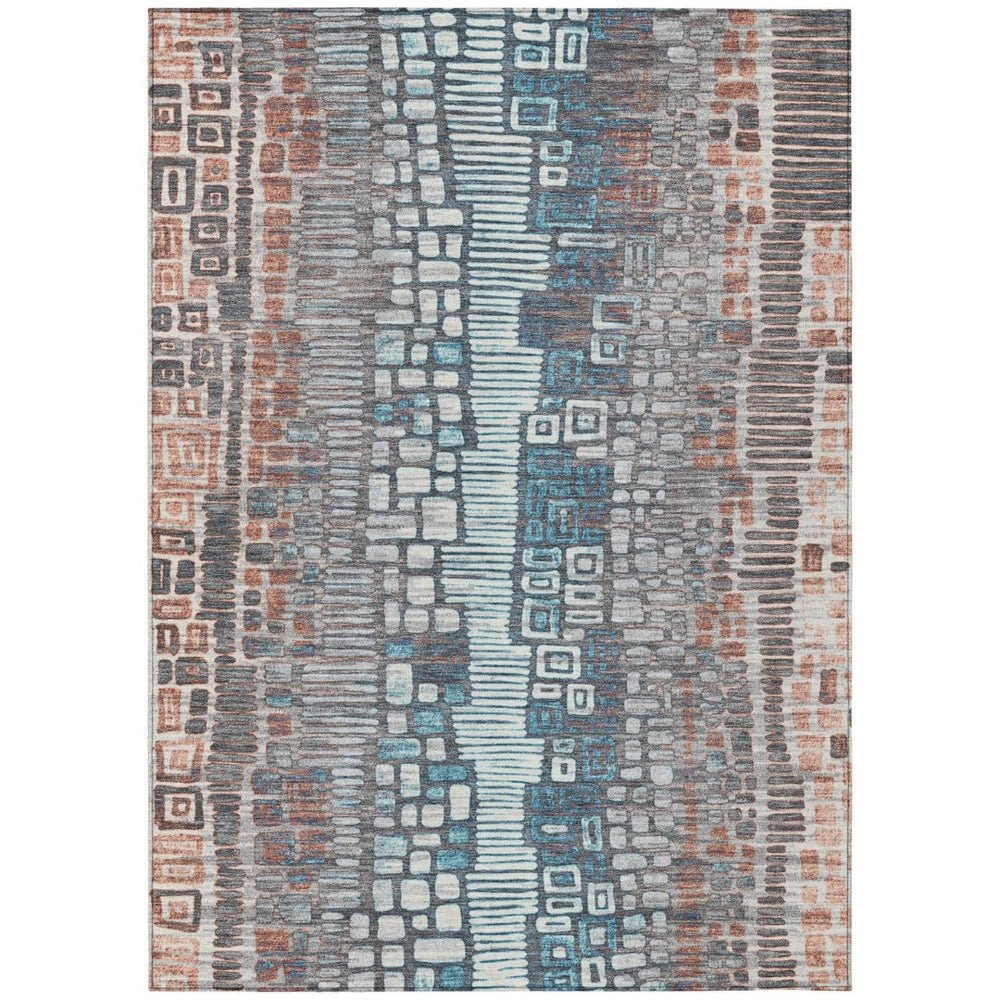 HomeRoots 5' Geometric Washable Indoor-Outdoor Area Rug in Copper, Ivory & Blue - Durable & Stylish Décor! 641309