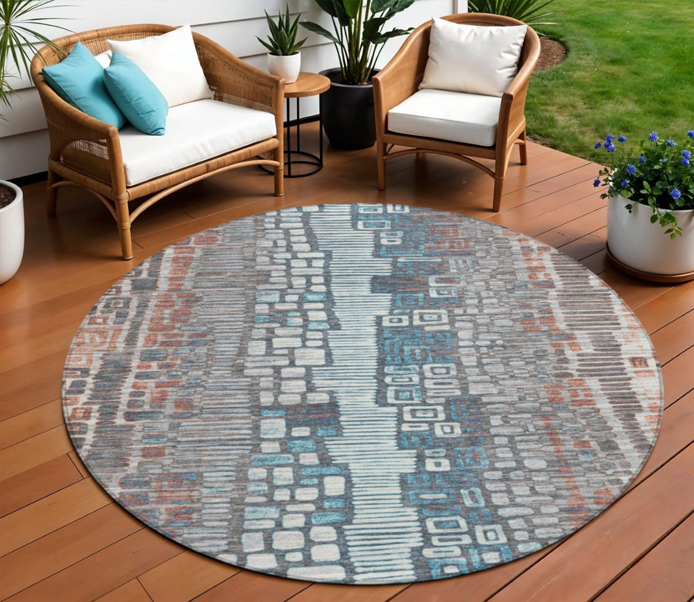 HomeRoots 8' Copper Ivory and Blue Round Geometric Area Rug – Stylish, Washable, Durable for Indoor & Outdoor Use 641310