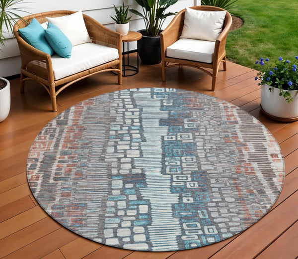 HomeRoots 8' Copper Ivory and Blue Round Geometric Area Rug – Stylish, Washable, Durable for Indoor & Outdoor Use 641310