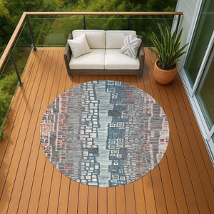 HomeRoots 8' Copper Ivory and Blue Round Geometric Area Rug – Stylish, Washable, Durable for Indoor & Outdoor Use 641310