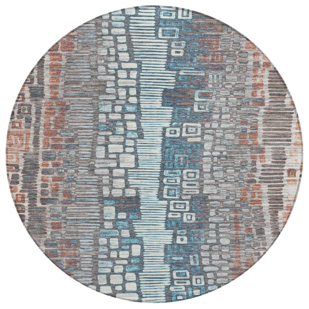 HomeRoots 8' Copper Ivory and Blue Round Geometric Area Rug – Stylish, Washable, Durable for Indoor & Outdoor Use 641310