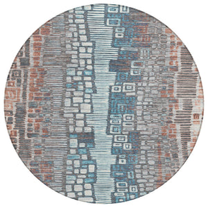 HomeRoots 8' Copper Ivory and Blue Round Geometric Area Rug – Stylish, Washable, Durable for Indoor & Outdoor Use 641310