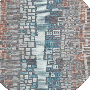 HomeRoots 8' Copper Ivory and Blue Round Geometric Area Rug – Stylish, Washable, Durable for Indoor & Outdoor Use 641310