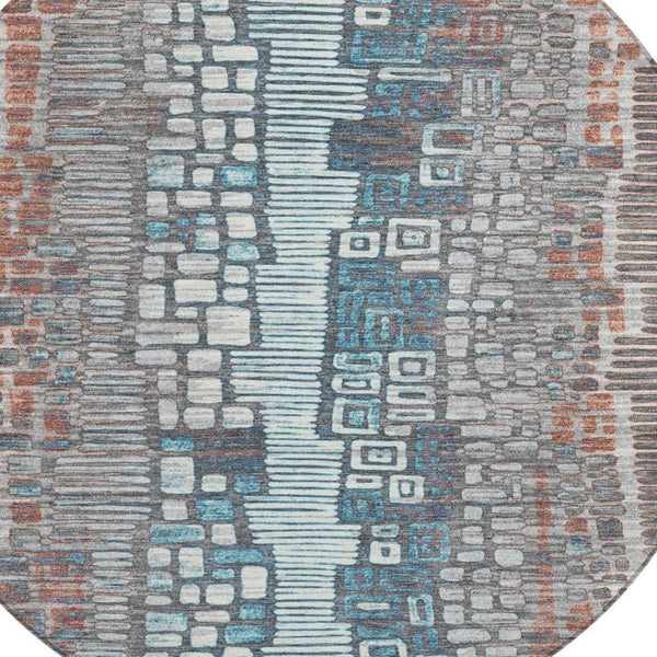 HomeRoots 8' Copper Ivory and Blue Round Geometric Area Rug – Stylish, Washable, Durable for Indoor & Outdoor Use 641310