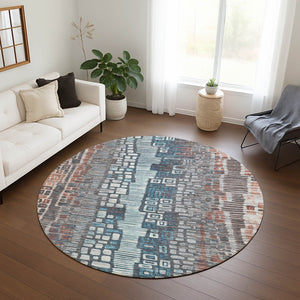 HomeRoots 8' Copper Ivory and Blue Round Geometric Area Rug – Stylish, Washable, Durable for Indoor & Outdoor Use 641310