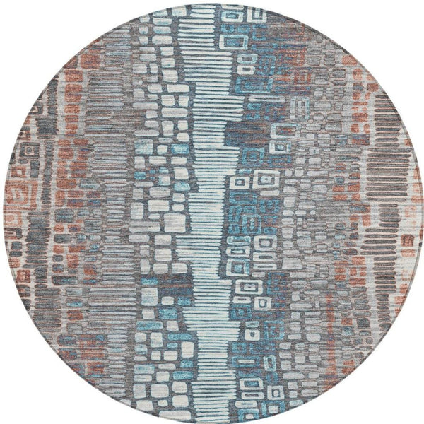 HomeRoots 8' Copper Ivory and Blue Round Geometric Area Rug – Stylish, Washable, Durable for Indoor & Outdoor Use 641310