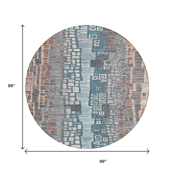 HomeRoots 8' Copper Ivory and Blue Round Geometric Area Rug – Stylish, Washable, Durable for Indoor & Outdoor Use 641310