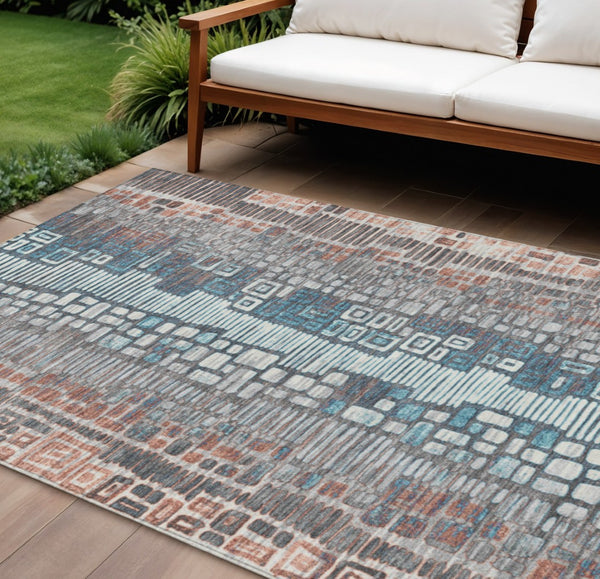HomeRoots 8' X 10' Copper Ivory and Blue Geometric Washable Rug - Stylish Indoor-Outdoor Accent for Any Space 641311