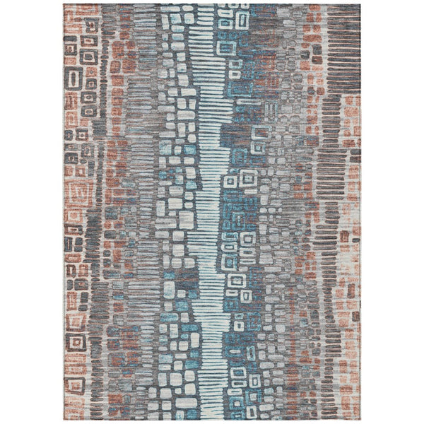 HomeRoots 8' X 10' Copper Ivory and Blue Geometric Washable Rug - Stylish Indoor-Outdoor Accent for Any Space 641311