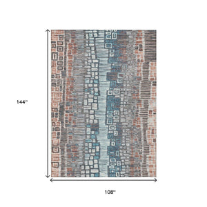 HomeRoots 9' Copper Ivory Blue Geometric Washable Area Rug - Indoor Outdoor Durable Style for Any Space! 641312